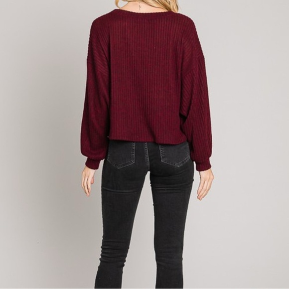 Wine Red Oversized Rib Knit Sweater Top – Cozy Soft Balloon Sleeve (NIP) - Picture 6 of 9